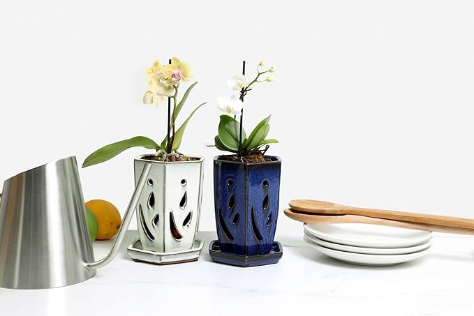 rePotme 4 x 6 inch Ceramic Orchid Pot (Sky Blue Over Cobalt) - Hexagon Orchid Pot with Holes