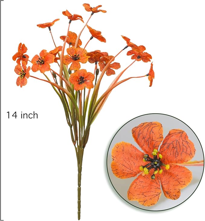 Outdoor Artificial Flowers 21 UV Resistant Bundles Fake Flower Plastic Plants Faux Silk Flowers Porch Hanging Garden Porch Window Box Decorating (Light Autumn Orange)