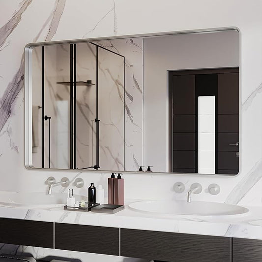 ISKM Silver Framed Mirror for Wal Bathroom Mirror for Wall 51" x 30" Matte Framed Vanity Mirror Anti-Rust, Tempered Glass, Rounded Rectangle Mirror(Horizontal/Vertical)