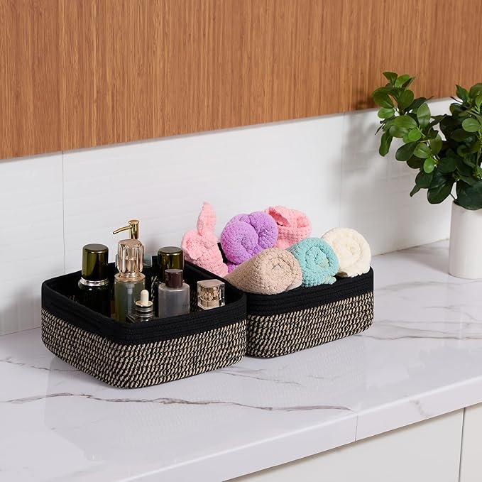 Small Square Shallow Baskets for Organizing, 9.7x9.7x4.3 Inch Rope Woven Storage Bins for Cubes Closet, Shelves Storage, Boho Decorative Basket, 2 Packs Black Brown