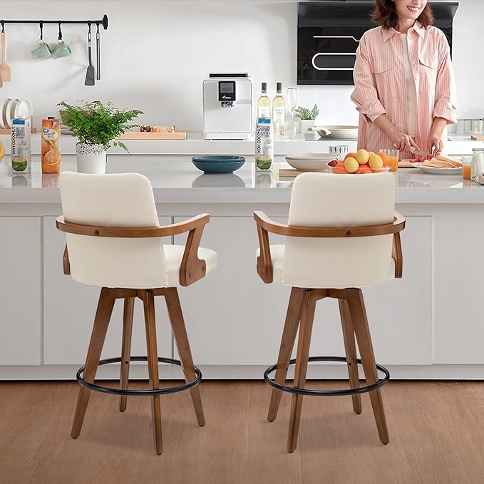 26” Counter Height Bar Stools,Leather Upholstered Bar Chair, Swivel Bar Stools with Back and Arms，Modern Beige Barstool Set of 2 for Kitchen Island