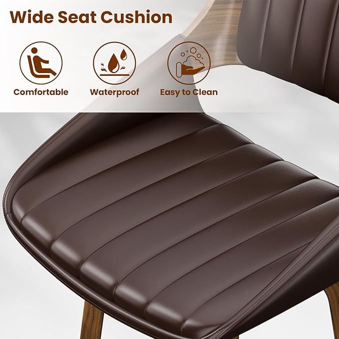 Bar Stools Set of 4, 26" Swivel Counter Height Barstools with Walnut Bentwood Back and Legs, Mid-Century Modern Faux Leather Upholstered Bar Chairs with footrest for Bar, Kitchen Island, café, Brown