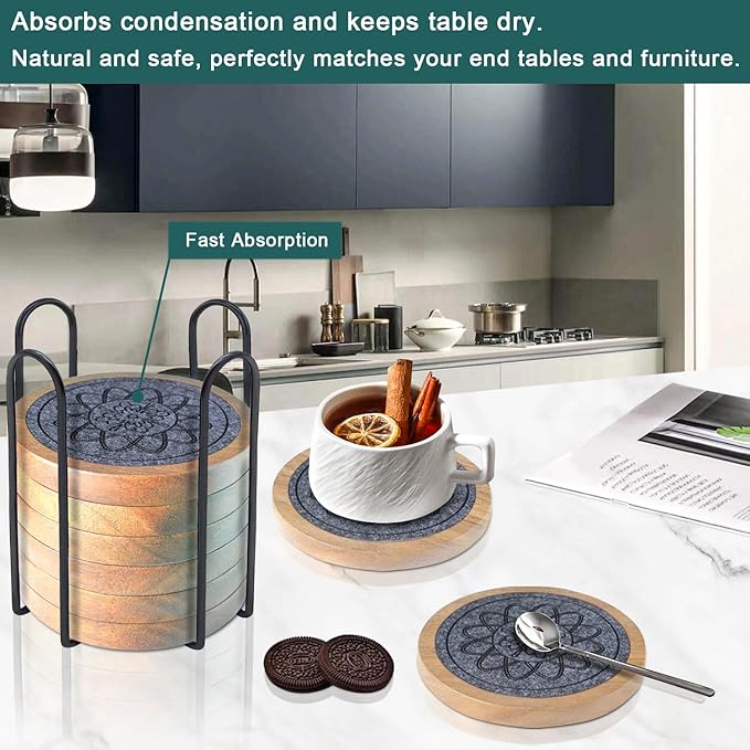 Wood Coasters for Drinks Set of 8, Minacun Absorbent Coaster, Drinks Coasters for Coffee Tabletop Protection, Non-Slip, Non-Stick, Suitable for Kinds of Cups Wooden Table Drink, 4.3 Inch Gray