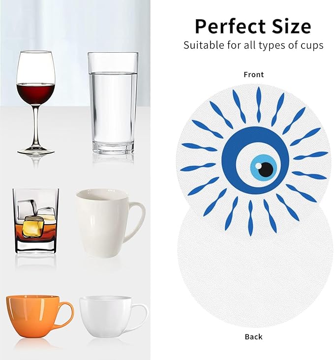 Greek Evil Eye Devil Eyes Coasters Set of 6 Coasters for Drinks Absorbent Double-Sided Leather PVC Coaster for Tabletop Protection Coffee Table Decor Ideal for Home Decor House Warming Gifts