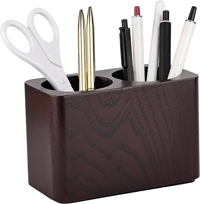 Oak Solid Wood Pen &Pencil Holder for Desk, Office Stationery Organizer, Table Pencil Cup Stand,Desk Accessories Holder, Two Cups Practical Design. (Espresso)