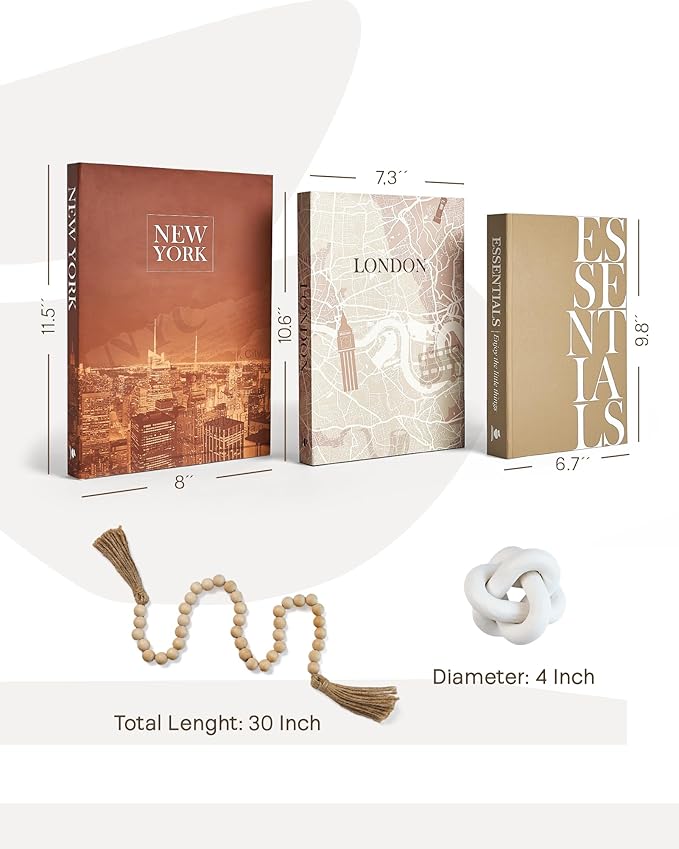 JULZEN Linen Decorative Books for Home Decor - Aesthetic Set of 3 Beige Fake Books for Coffee Table Decor with Faux Book Box Storage, Wood Knot & Bead Garland - Neutral Living Room Decoration