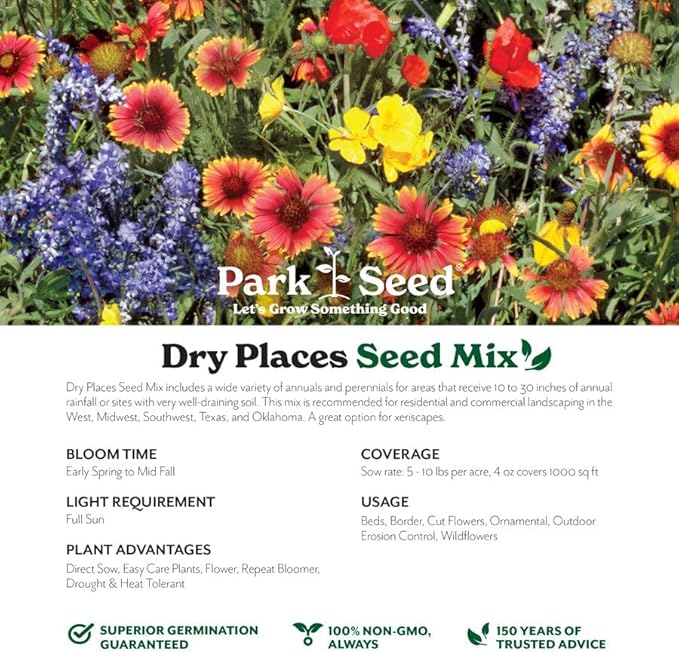Park Seed Grow Your Own Vibrant Annual and Perennial Wildflower Garden Mixture, Easy to Grow Varieties for Pollinators and Spring Gardens - Dry Places Mix, 1 lb