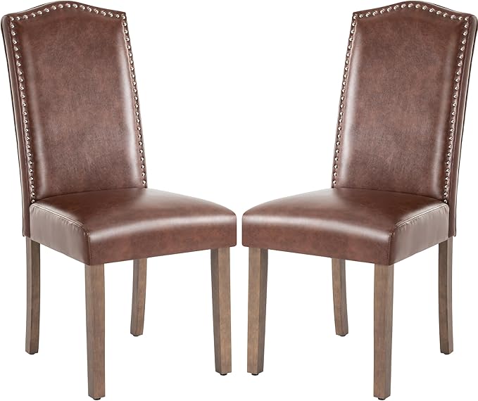 Stylish Upholstered Parsons Dining Chair PU Faux Leather with Silver Nailhead Trim and Sturdy Solid Wood Legs