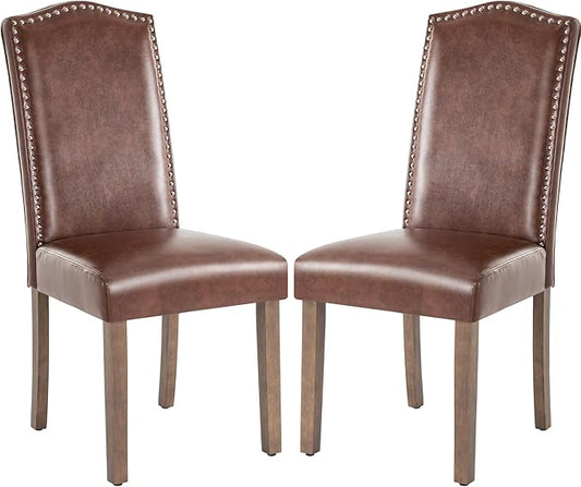 Stylish Upholstered Parsons Dining Chair PU Faux Leather with Silver Nailhead Trim and Sturdy Solid Wood Legs
