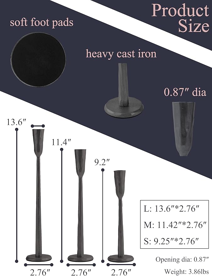 Black Iron Taper Candle Holder Set of 3, Heavy Wrought Iron Candlestick Holders Decorative Candle Stand, Vintage Candle Holder for Wedding, Dining, Home Decoration