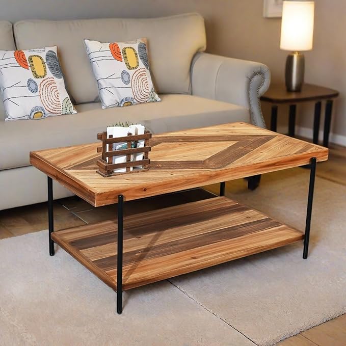 CONSDAN StoneCreek Coffee Table, Solid Fir Wood & Metal Frame, 2-Tier Industrial Farmhouse Table for Living Room/Office, 44" Rectangular Table