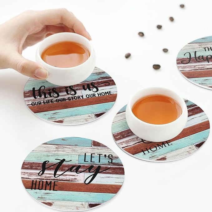 Farmhouse Wooden Home Coasters Set of 6 Coasters for Drinks Absorbent Double-Sided Leather PVC Coaster for Tabletop Protection Coffee Table Decor Ideal for Home Decor House Warming Gifts