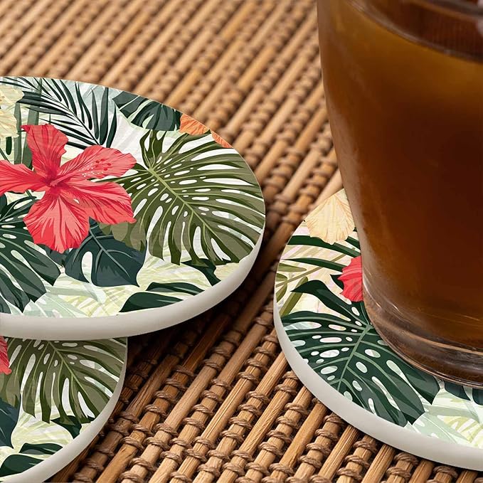 Tropical Plants Cup Coasters Set of 2 Leaf Hibiscus Flowers Foliage Palm Exotic Jungle Nature Botanical Wooden Table Apartment Decor 100% Diatomite for Drinking Glasses,4 Inches
