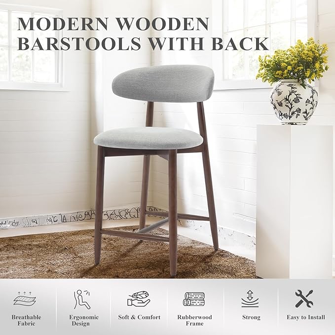 COLAMY Bar Stools Set of 3, Counter Height Barstools with Back, Upholstered Bar Stools with Wood Legs for Kitchen Island Dining Room Bar, Light Grey