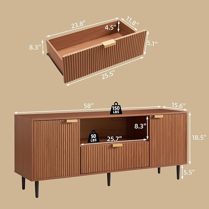 Okvnbjk Modern TV Stand for 65 Inch TV, Fluted TV Consoles for Living Room, Media Console with Soft Hinge & Drawer, Wood Entertainment Center with Storage, Mocha
