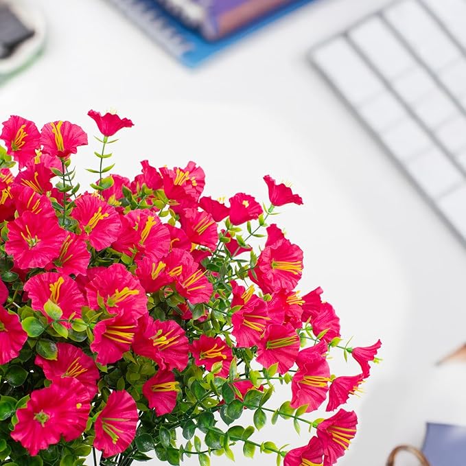 16 Bundles Artificial Flowers Outdoor Spring Summer Decoration Fake Silk Colorful Daisy Eucalyptus Realistic UV Outside Faux Plants for Garden Porch Window Box Home Decor Morning Glory Rose Red