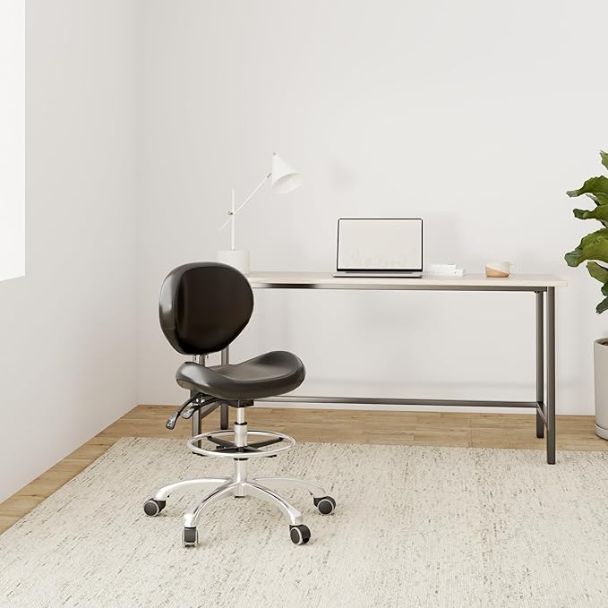 Drafting Chair Adjustable Tall Shop Stool, Rolling Chair with Backrest and Footrest for Computer, Studio, Workshop, Classroom, Lab, Counter, Home Office (Black)