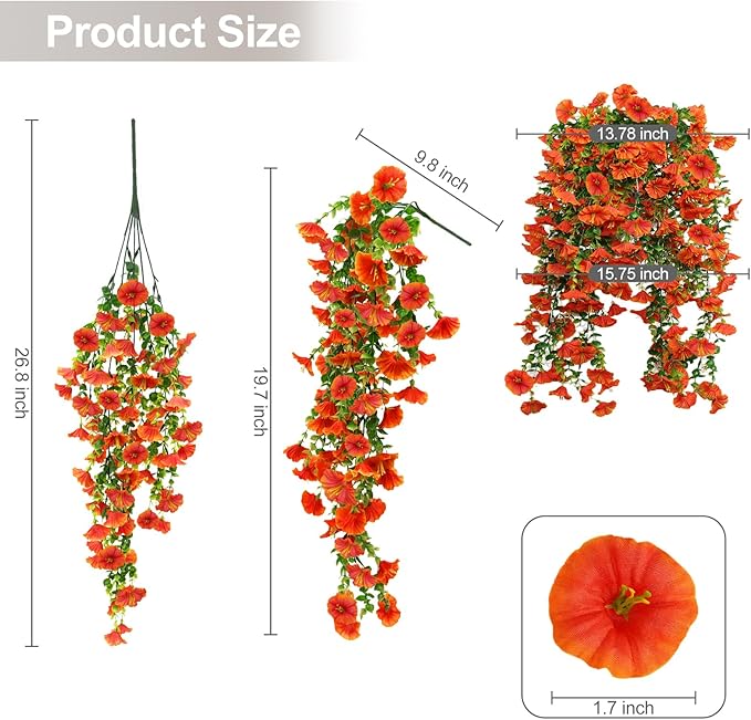 Artificial Flowers for Outdoors Decoration, 4Pcs Fake Hanging Flowers Morning Glory UV & Fading Resistant, Artificial Faux Plants Deocr for Home Porch Patio Balcony Planter Yard Garden Farmhouse