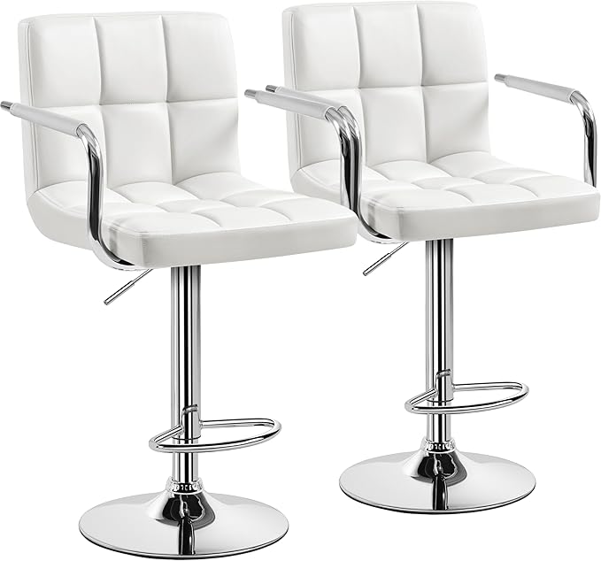 Yaheetech Bar Stools Set of 2, PU Leather Adjustable Swivel Barstools, Hydraulic Kitchen Counter Height Bar Chairs with Armrest and Back for Bar, Kitchen, Dining Room, White