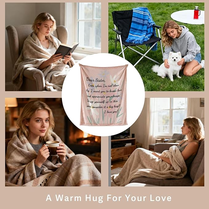 Geniospin Throw Blanket Gifts for Sister, Dear Sister Blanket for Birthday Presents, Super Soft Flannel Throw Blanket for Christmas for Couch Bed Sofa, Warm and Cozy