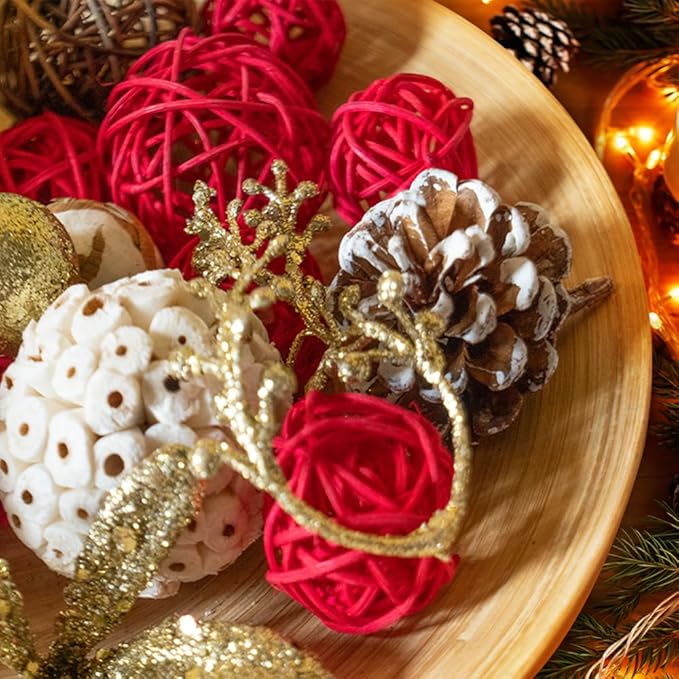 Qingbei Rina Bowl Fillers,Decorative Balls for Centerpiece Vase Fillers,Assorted Wicker Rattan Balls,Winter Decorative Orbs Woven Spheres Table Dining Farmhouse Home Decor(Gold)