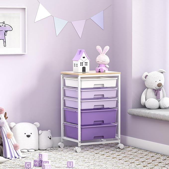 Utility Cart with 5 Drawers,Storage Drawer Cart with Wooden Tabletop and Lockable Wheels,Craft Storage Trolley Cart,5-Tier Rolling Utility Cart on Wheels,Purple