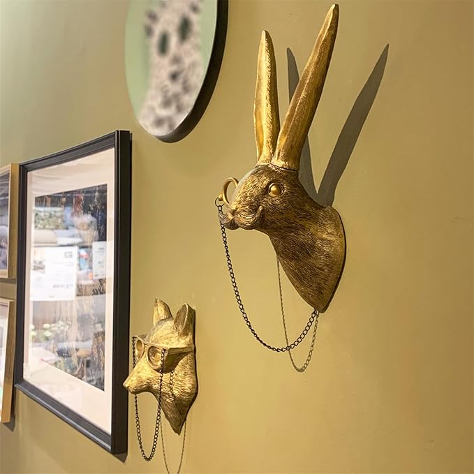 GUASDIE Animal Heads Wall Decor, Faux Deer & Rabbit Heads, Resin Animal Wall Hanging Decoration for Living Room, Bedroom & Kitchen Gift