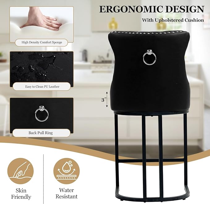 Counter Height Bar Stools Set of 4, 24" Modern Barstools with Back, Faux Leather Upholstery Counter Chairs with Metal Legs for Kitchen Island, Bar, Counter, Black