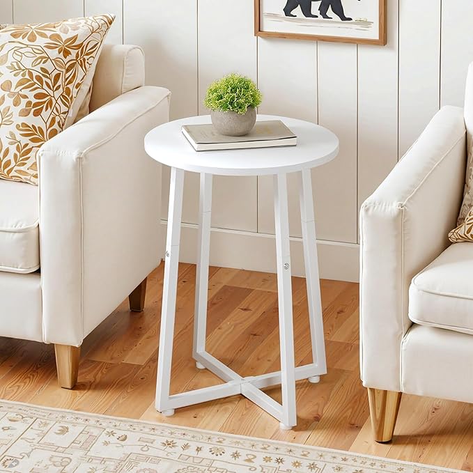 HOOBRO Side Table, Round End Accent Table with Sturdy Metal Pedestal, 15.7" Round Nightstand, for Living Room, Bedroom, Balcony, Office, White WW95BZ01