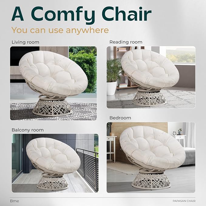 Bme 40" Ergonomic Wicker Papasan Chair with Soft Thick Cushion & Frame, 360° Swivel, Circle, Reading, Comfy Chair for Living Room, Bedroom