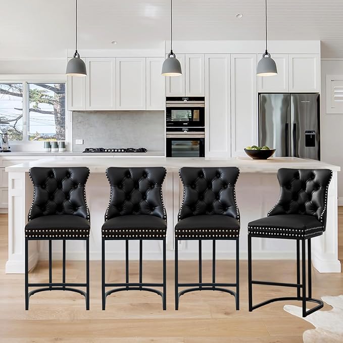 UVV Counter Height Bar Stools Set of 1, 26" Modern Barstools with Back, Faux Leather Upholstery Counter Chairs with Metal Legs for Kitchen Island, Bar, Counter, Black