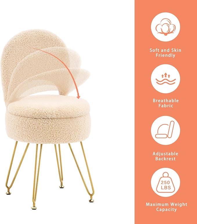 Storage Ottoman Vanity Stool Chair with Folding Back Teddy Velvet Makeup Chair Multifunctional Upholstered Footstool,4 Metal Legs with Anti-Slip Feet for Bedroom Living Room Entryway