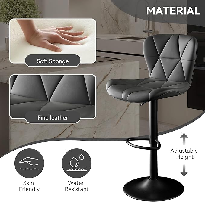 Bar Stools Set of 3,Adjustable Swivel Barstools, Faux Leather Bar Chairs,Upholstered Counter Height with High Backrest for Kitchen Island, Black