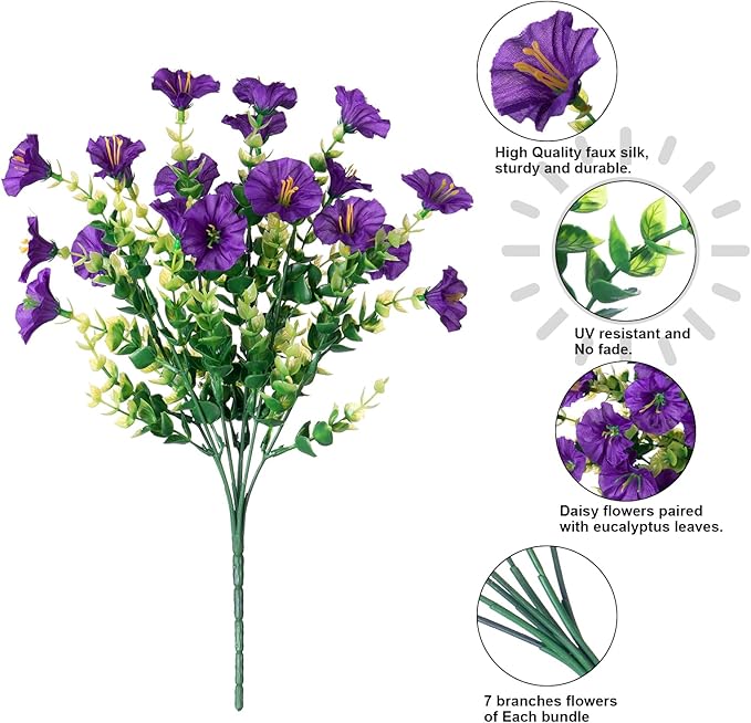 Artificial Flowers Fake Plants for Outdoors Decoration, 12 Bundles Purple Silk Morning Glory with Eucalyptus Realistic UV Resistant Faux Flowers Greenery for Outside Planter Yard Garden Home Indoor