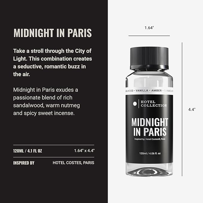 Hotel Collection Diffuser Oil - Midnight in Paris - Aromatherapy Essential Fragrance Oil - Sandalwood, Vanilla, and Amber - 120mL 4.1 Fl oz