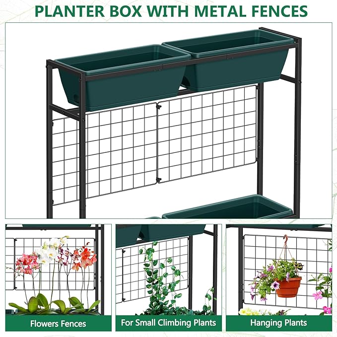Raised Garden Beds 32.4" Tall Vertical Planter Boxes with Trellis Standing Herb Garden Planter Outdoor with Metal Fences Legs for Small Climbing Plant Gardening Vegetables Patio Balcony Porch, Green