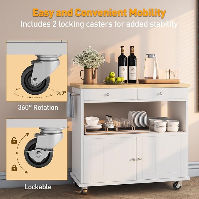 Rolling Kitchen Island with Storage Cabinet, 35.4'' Width Kitchen Cart, 2 Drawers Island Table, Portable Mobile Kitchen Island with Towel Rack, Wood Top and Lockable Wheels, White
