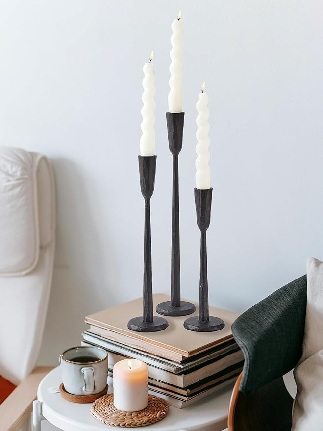 Black Iron Taper Candle Holder Set of 3, Heavy Wrought Iron Candlestick Holders Decorative Candle Stand, Vintage Candle Holder for Wedding, Dining, Home Decoration