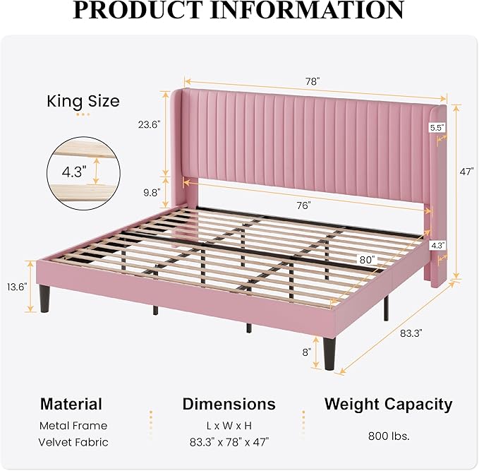 SHA CERLIN King Size Velvet Bed Frame with Vertical Channel Tufted Wingback Headboard, Upholstered Platform Bed with Wood Slats, No Box Spring Needed, Easy Assembly, Pink