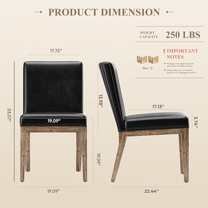 Wooden Dining Chairs Set of 2, Modern Leather Upholstered Dining Room Chair, Kitchen Side Chairs, Farmhouse Dinner Chair with High Back for Kitchen, Black