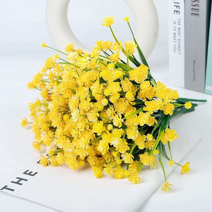 Ouddy Decor 24 Bundles Artificial Flowers for Outdoors UV Resistant Fake Plastic Plants Faux Boston Fern Greenery Stems for Spring Summer Indoor Garden Patio Window Box Kitchen Home Decor, Yellow