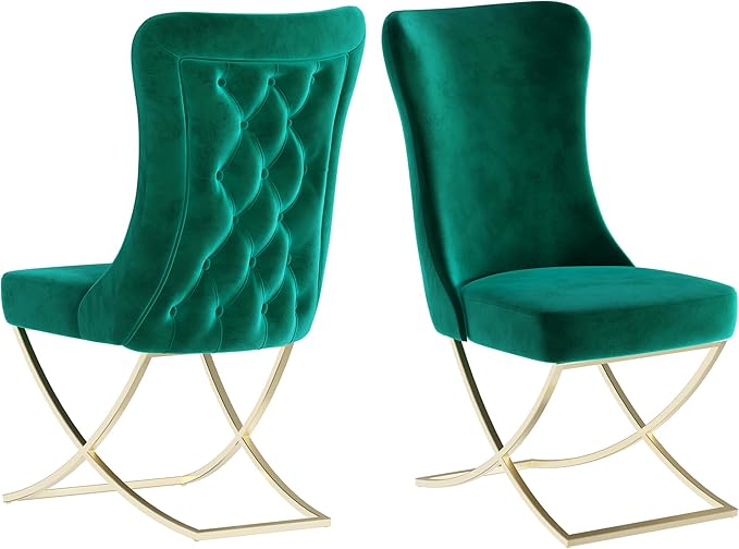 Ottomanson Royal Dining Chairs Set of 8 – Upholstered Tufted Microfiber, Assembled, Gold Metal Legs, Beech Wood Frame, 350 lb Capacity, Green