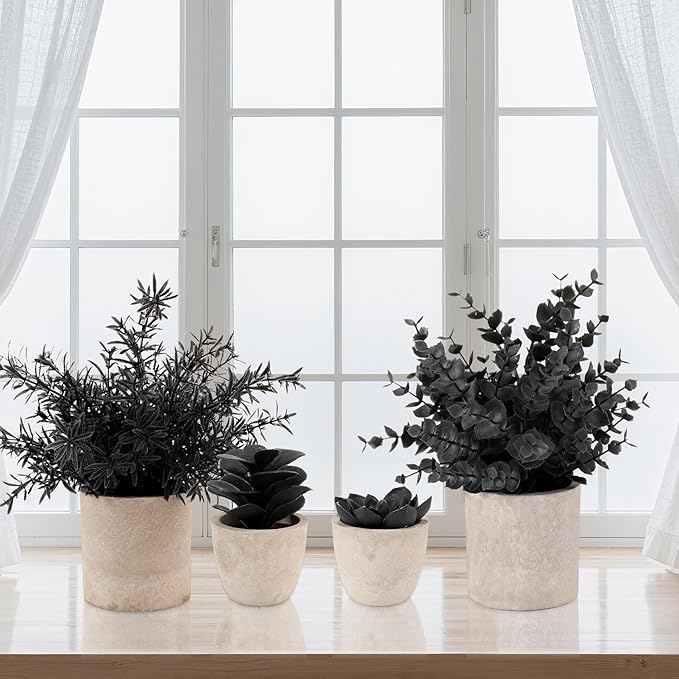 ALAGIRLS 4 Packs Fake Plants Small Artificial Plants Indoor Black Eucalyptus Rosemary Succulents Plants Potted Faux Plants for Home Indoor Office Bathroom Living Room Decor