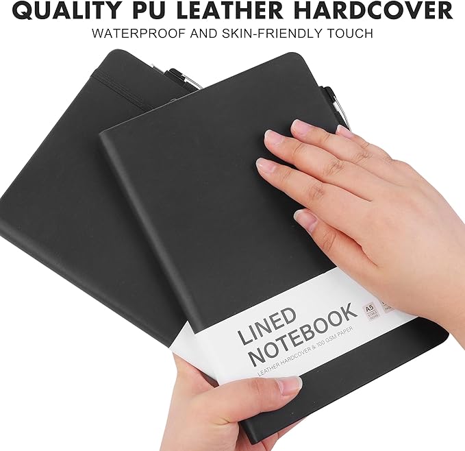 Aodaer 12 Set Lined Notebook Journals with Pens A5 Notebooks 100 GSM College Ruled Hardcover Notebook PU Leather Notepad with Pen Holder for Office School, 5.7 x 8.3 Inches, Black