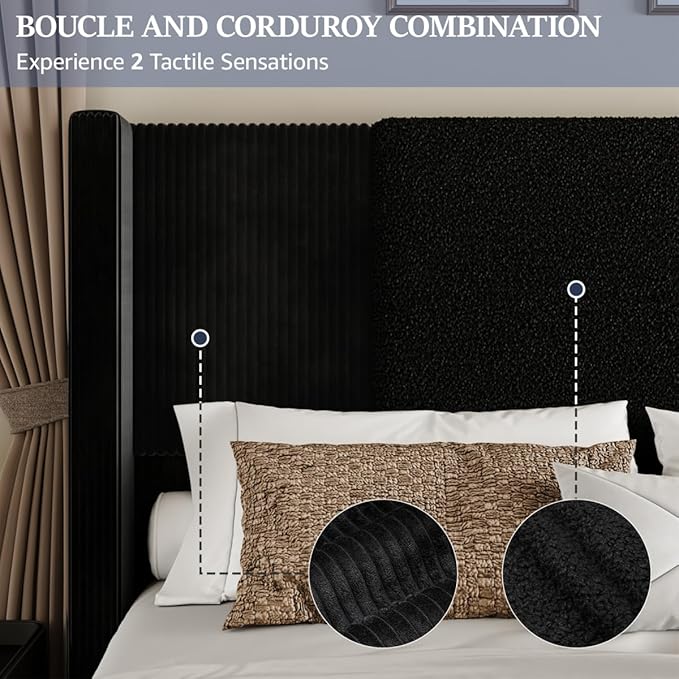 Queen Size Bed Frame with Tall Headboard and Footboard, Boucle and Corduroy Upholstered Bed Frame Queen with LED Lights, Modern Platform Bed Frames, Noiseless, Easy Assembly, Black