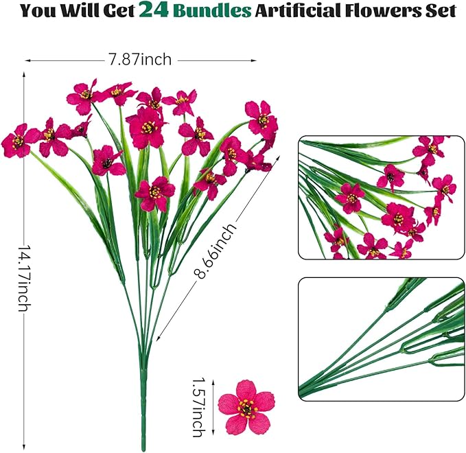 Lnoicy 24 Pcs Artificial Flowers for Outdoor,Plastic Flowers Decoration, UV Resistant Faux Flowers Shrubs, Artificial Plants for Indoor Outside Garden Home Wedding Farmhouse(Rose Red)