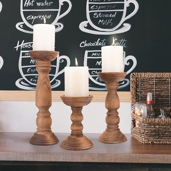 Farmhouse Wooden Candle Holders for Pillar Candles Set of 3, Rustic Wood Candle Holder Table Centerpiece Decor, 12'' 9'' 6'' Vintage Tall Candle Stand Decorative, Brown