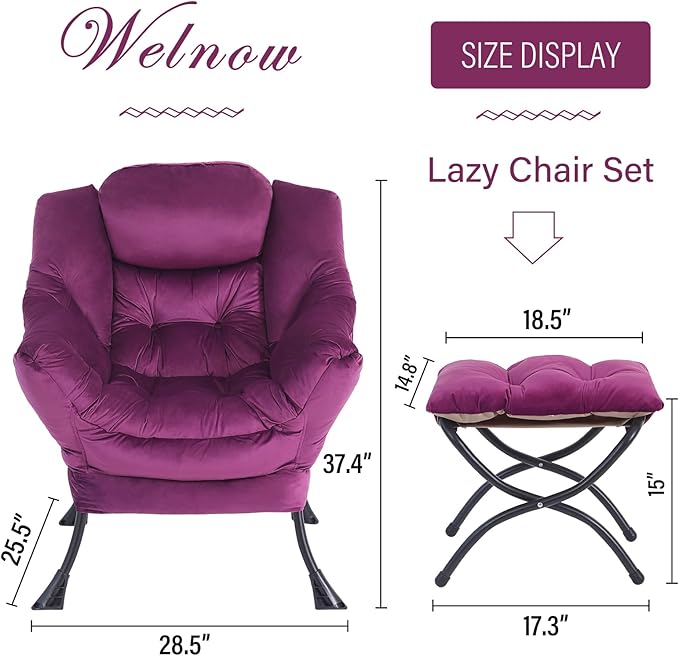 Welnow Lazy Chair with Ottoman, Modern Lounge Accent Chair with Armrests and a Side Pocket, Leisure Sofa Armchair Set, Reading Armchair with Footrest for Small Space, Dark Purple
