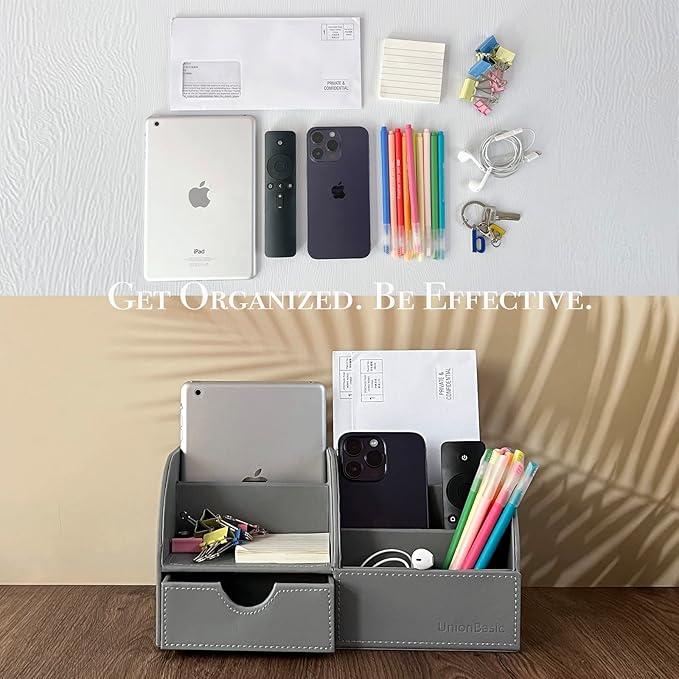UnionBasic Desk Organizer - Multifunctional Leather Desktop Pen Holder Storage Box - Business Card/Pen/Pencil/Mobile Phone/Stationery Holder, Grey