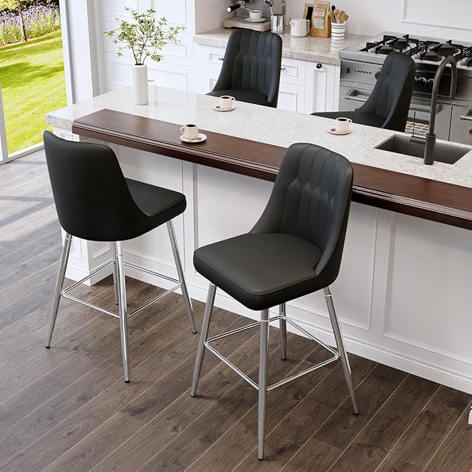 Bar Stools Set of 4,Counter Height Bar Stools with Back,Modern Faux Leather Kitchen Stools,27"Black Barstools with Stable Metal Leg,Armless Counter Height Chair for Kitchen Island,Coffee Corner